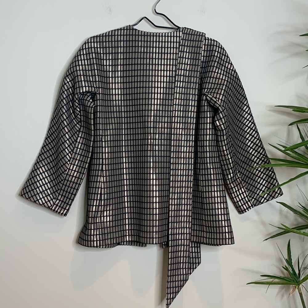 Josie Natori | NWT Tan Black Woven Metal Belted Kimono Style Jacket M MSRP $795 - Picture 16 of 17